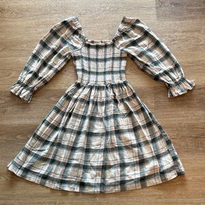 Madewell Smocked Bodice Plaid Dress with Elbow-Puff Sleeves